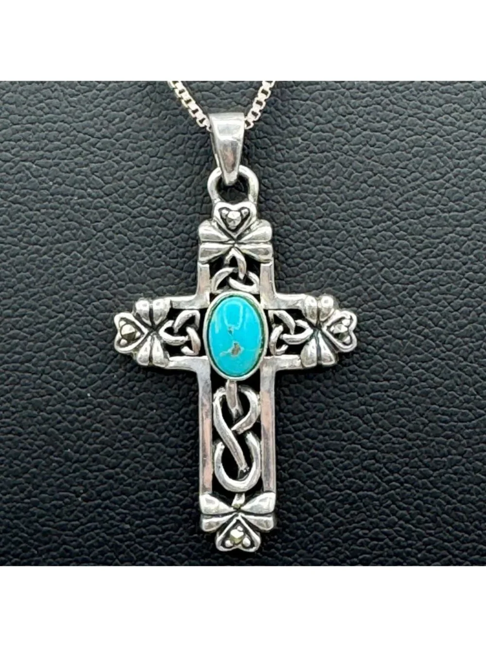 Vintage Irish Celtic Cross Sterling Pendant IRELAND Turquoise Box Chain 18
